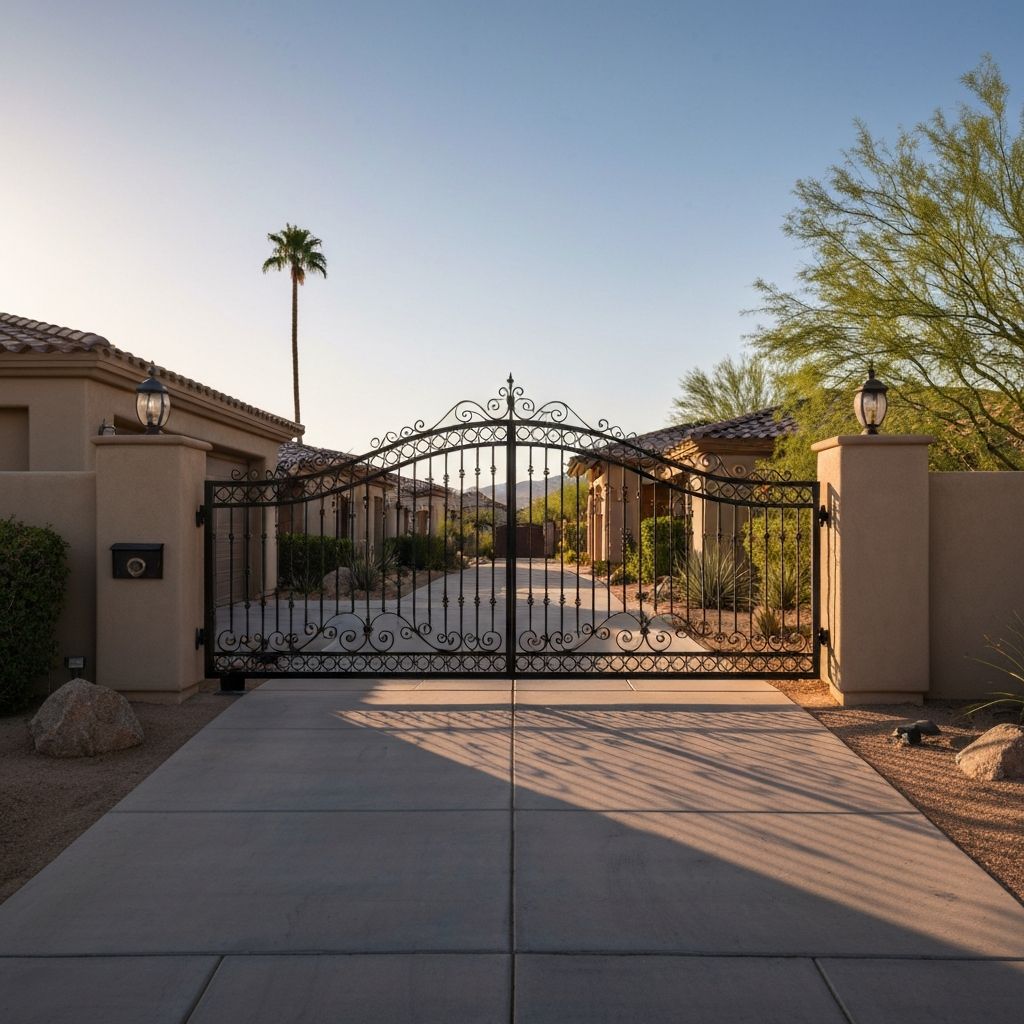 Elegant wrought iron driveway gate with decorative scrollwork at upscale Southern Utah home