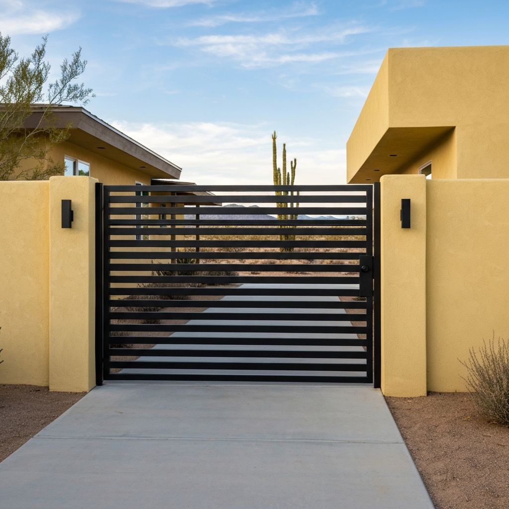 Modern horizontal slat metal gate in matte black at contemporary desert home