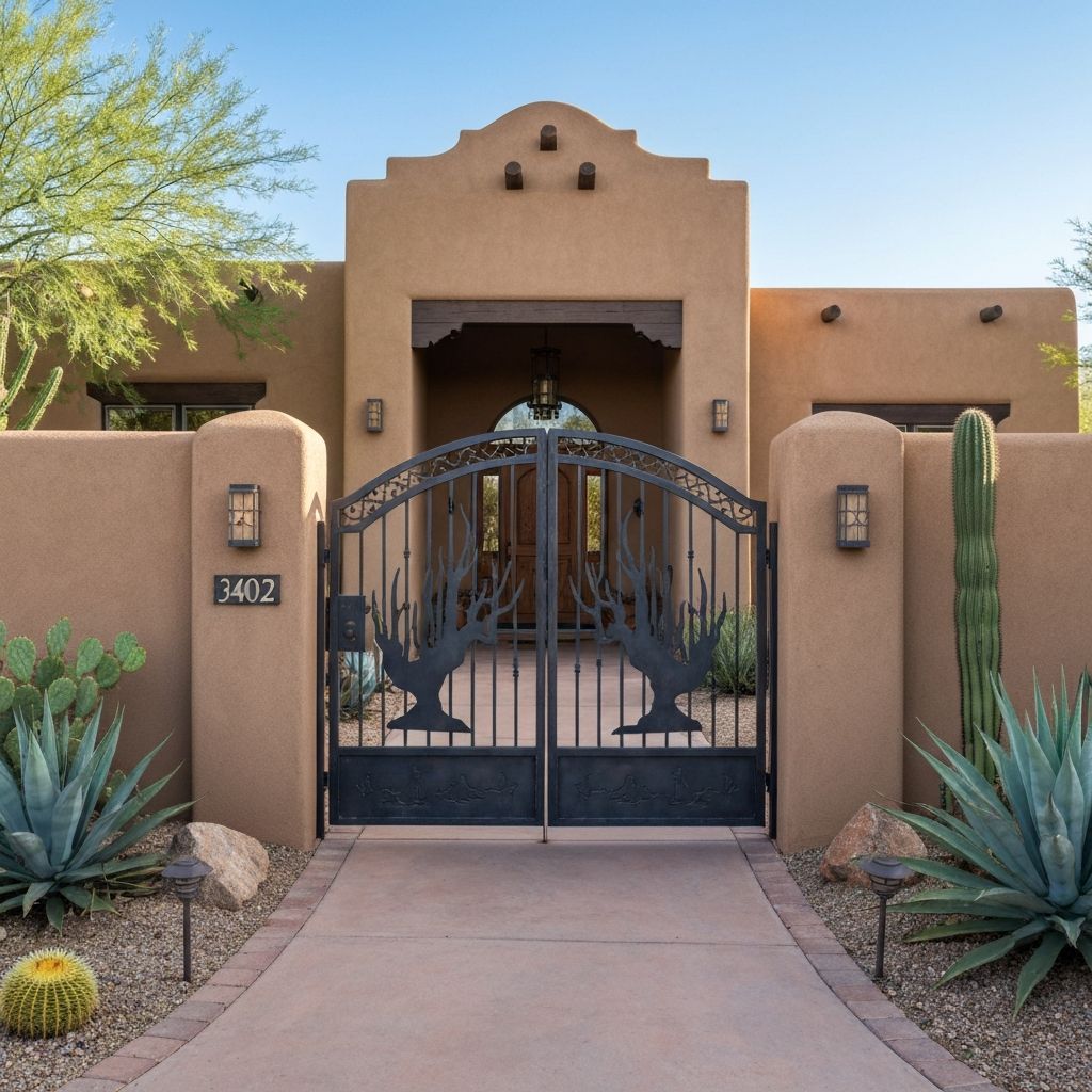 Southwestern style custom metal gate with desert motifs at adobe-style home