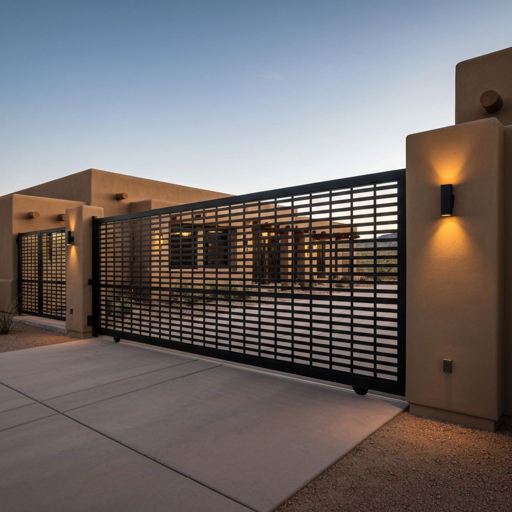 Wide sliding RV gate in black metal with privacy slats