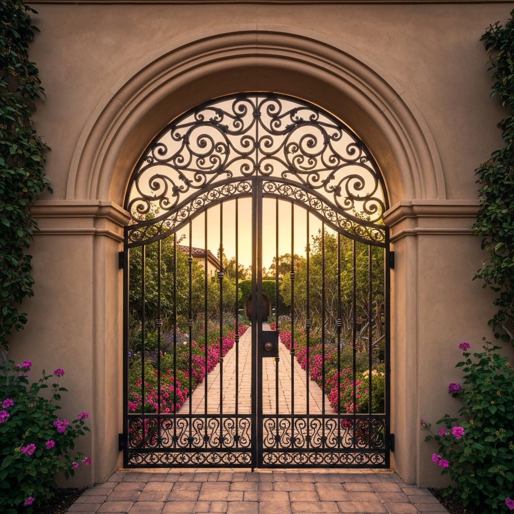 Mediterranean style courtyard gate with arched top and intricate ironwork