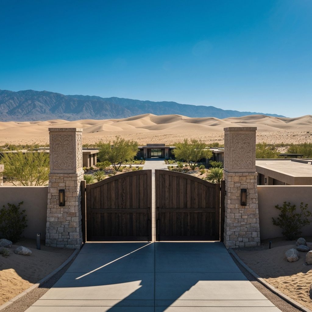 Double swing driveway gate with stone pillars at luxury desert estate