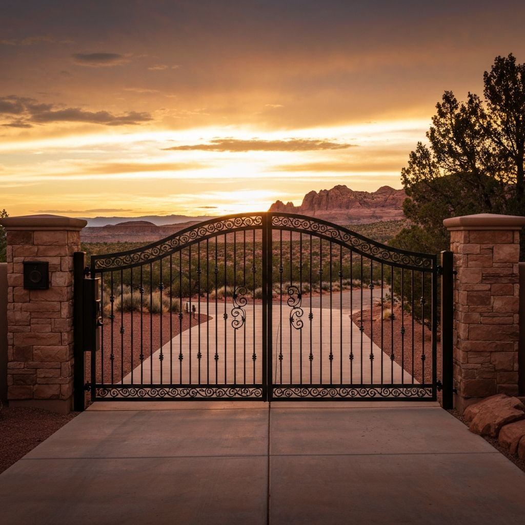 Custom metal gate at a St. George home with red rock landscape